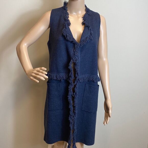 ❤️Last Chance II Sisters longline indigo fringe sweater vest size S - Picture 3 of 9